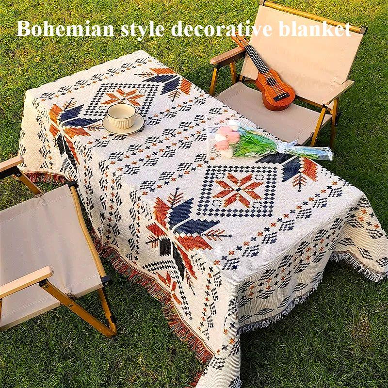 Linen Table Runner - 야외 캠핑 담요, 보헤미안 장식 테이블보,